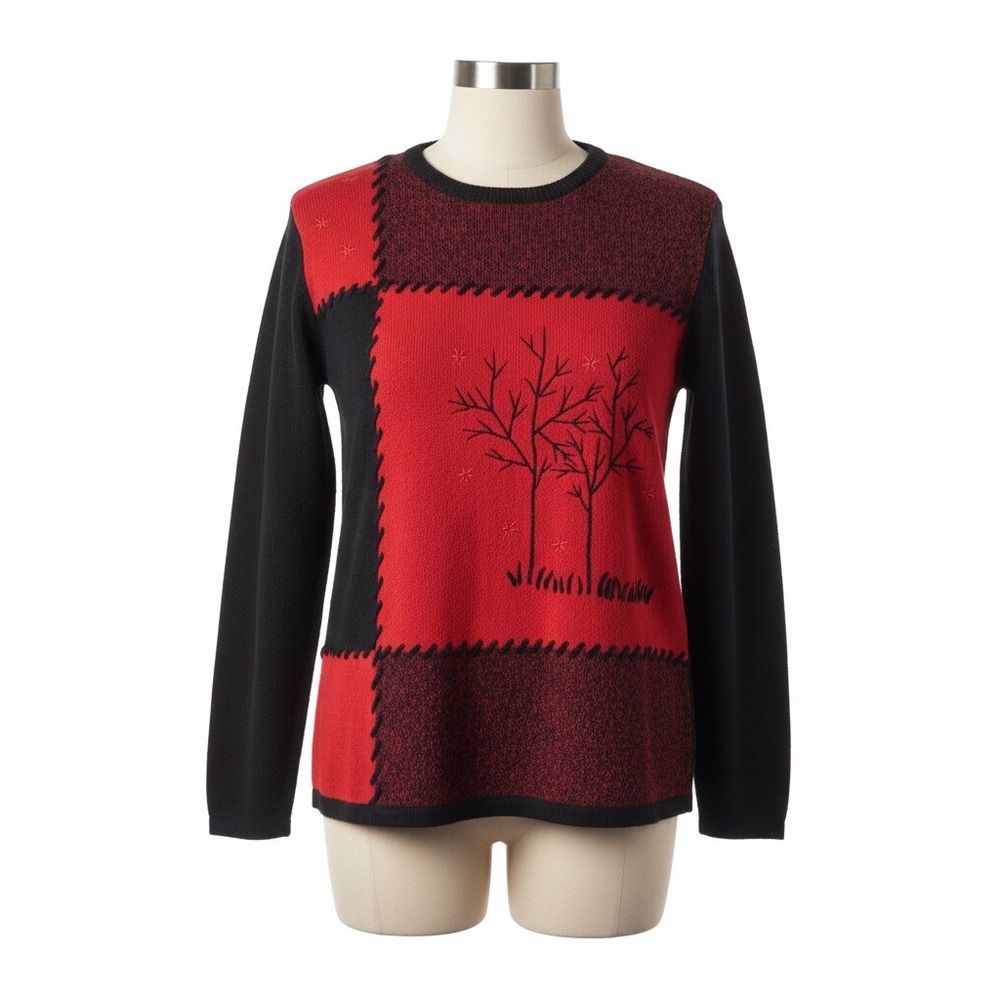 Tanjay Sweater M Embroidered Tree Red Black Colorblock Winter Cabin Chic Vintage